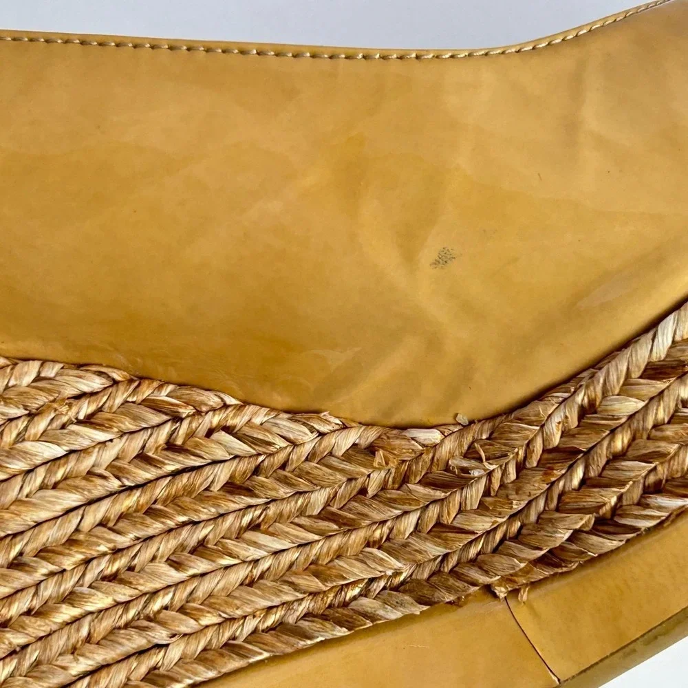 Stuart Weitzman Espadrille Peep Toe Wedge Heels Sandals Camel Tan Patent Leather - Picture 14 of 15